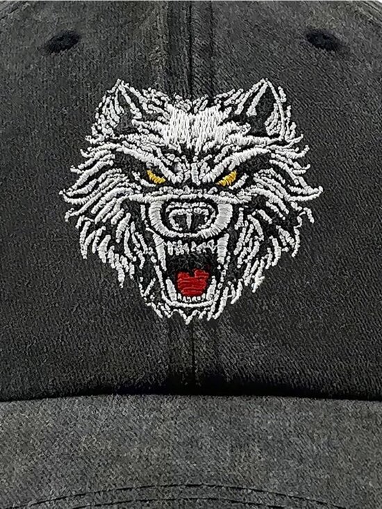 Women\'s Animal Embroidered Baseball Cap Black Gray Lightweight Casual Wolf